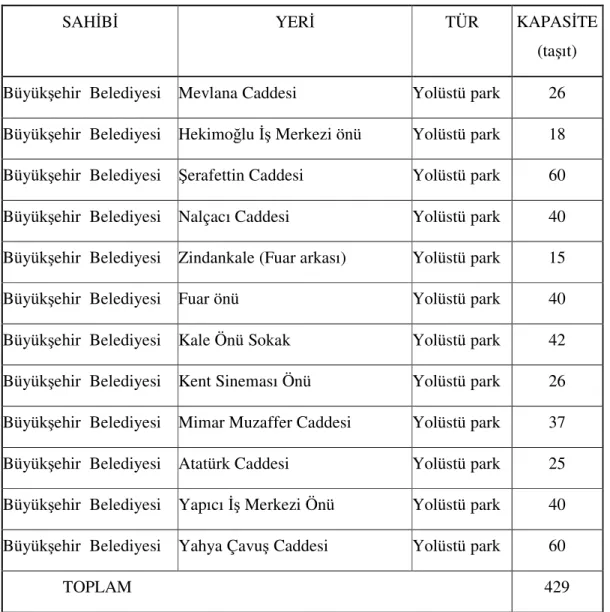 Çizelge 5.13. Parkmetreli Yol boyu Otoparklar 