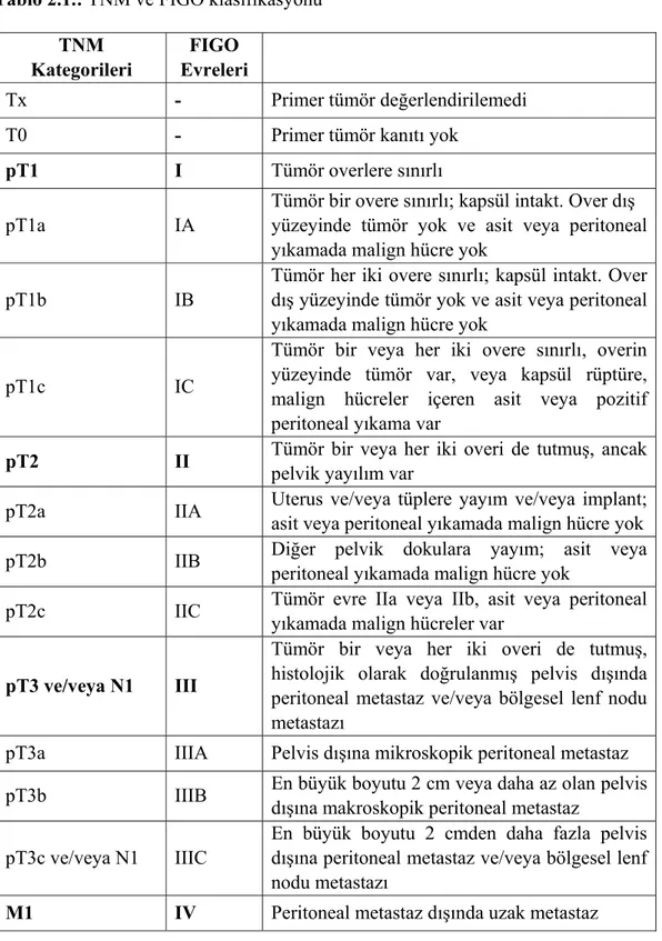 Tablo 2.1.: TNM ve FIGO klasifikasyonu  TNM  Kategorileri  FIGO  Evreleri  Tx  -  Primer tümör değerlendirilemedi 