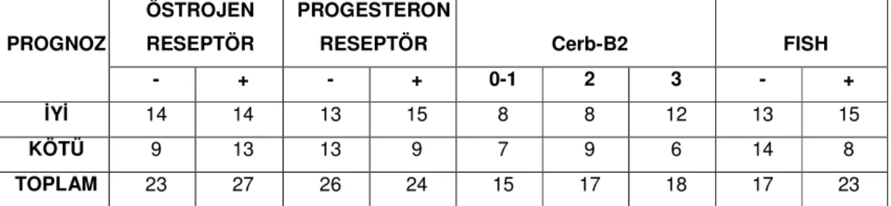 Tablo 4.3: Prognozun; östrojen, progesteron, Cerb-B2 ve FISH ile ilişkisi. 