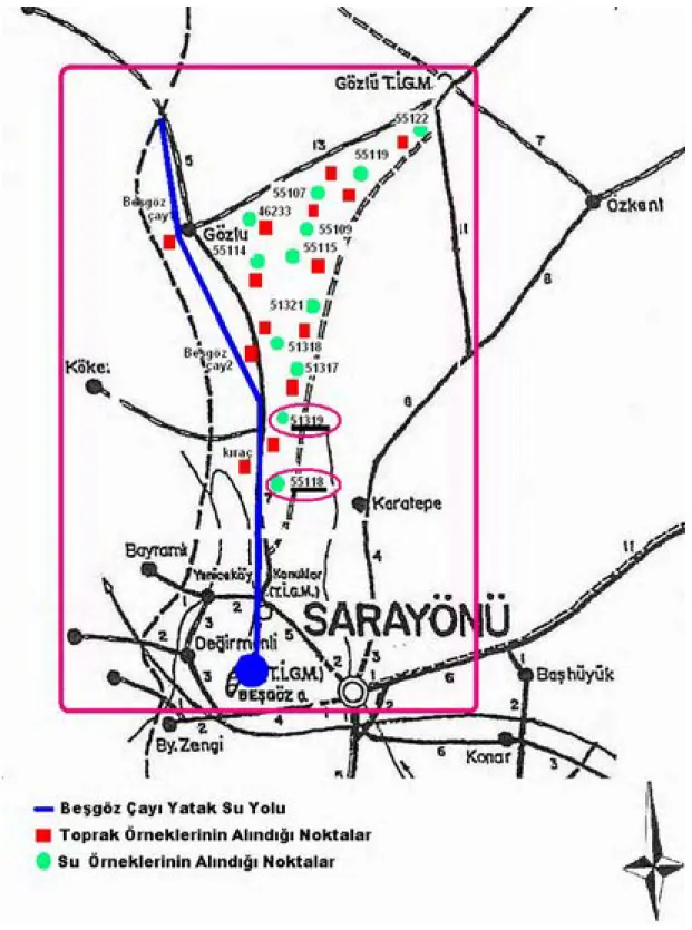 Şekil 3.3. Toprak ve su örneklerinin alındığı noktalar                      ÖLÇEK: 1/250000 