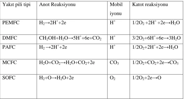 Tablo 1.2 Yakıt pillerinin anot ve katot reaksiyonları[2]. 