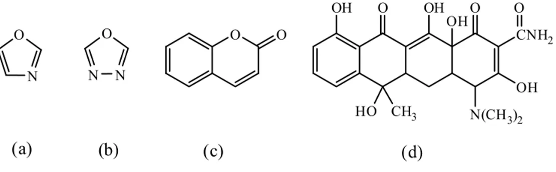 Şekil 1. 17. a) Oksaazol, b) oksadiazol, c) kumarin ve d) tetrasiklin molekülleri. 