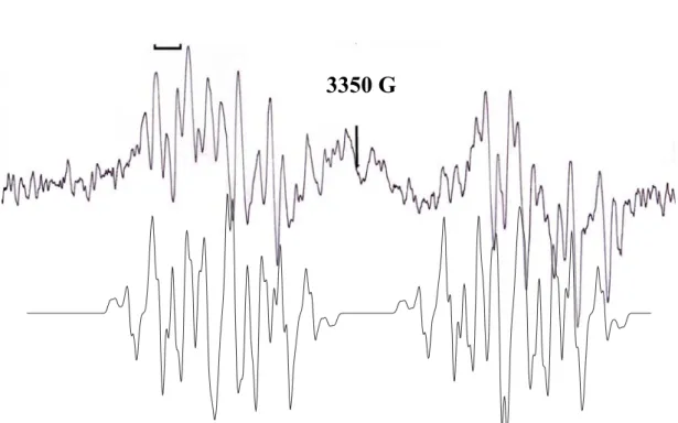 Şekil 5.2 HETPPC tek kristalinin manyetik alan zx düzleminde ve y-ekseniyle 150 o  açı  yaparken kaydedilen EPR spektrumu (üstteki eğri) ve simülasyonu (alttaki eğri)  