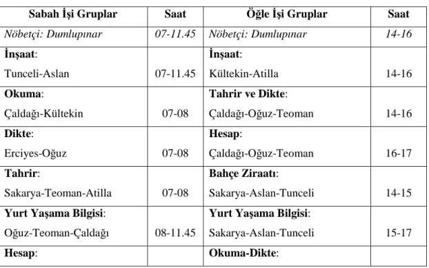 Tablo 2.4. Haftalık olarak yapılan programın bir günlük çizelgesi* 
