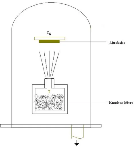 Şekil 3.1. Bir Knudsen hücre kaynağının kullanıldığı vakum buharlaştırma  düzeneğinin şematik gösterimi 