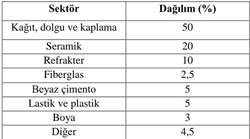 Çizelge 1.2  Kaolin kullanan sektörler ve dağılımı (Roskill, 2003) 