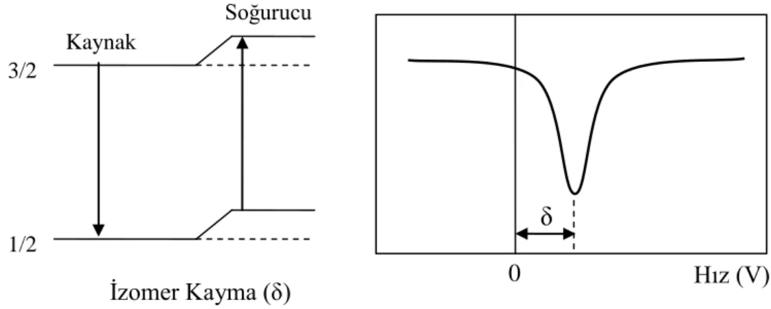 Şekil 2.6 (3/2 - 1/2) geçisinde gözlenen izomer kaymaya sahip bir tek çizgi Mössbauer           spektrumu 