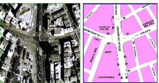 Şekil 2.7 Ankara Kızılay Meydanı’na ait harita ve ortofoto (Aydın ve ark. 2004) 