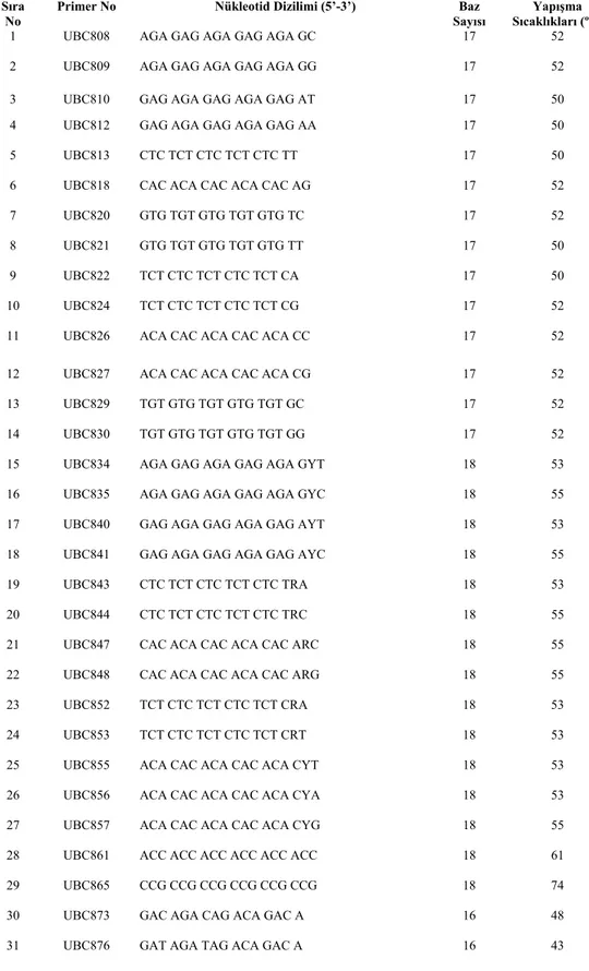 Tablo 3.3, Çalışmada kullanılan Primerler, Primerlerin No’su, Nükleotid Dizilimleri,  Baz Sayıları ve Yapışma Sıcaklıkları 