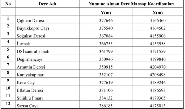 Çizelge 4.4. Beyşehir Gölü Havzası’ndaki numune alınan derelerin UTM 6 o  WGS 84  koordinatları 