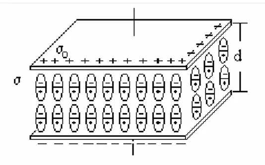 Şekil 3.2. Dielektrik maddeli bir kapasitör. Plakalar üzerindeki yüklerin bir  kısmı,  dielektrik          içindeki yüklerin yer değiştirmesiyle dengelenir ve  plakalar arasındaki uzayda bir E           elektrik alanı oluşturmaz