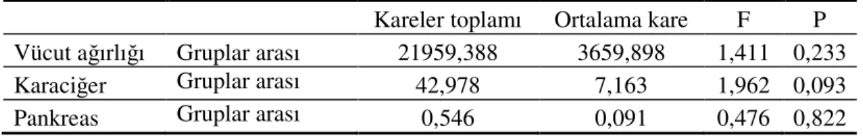 Çizelge  4.2.  Araştırmaya  katılan  deneklere  ilişkin  vücut  ağırlığı,  karaciğer  ve  pankreas  ağırlıklarının  gruplar bakımından karşılaştırılması