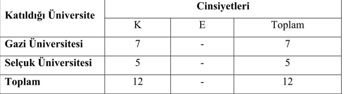 Tablo 5. Öğretim Elemanı Cinsiyetlerine Göre Dağılımı  Cinsiyetleri  Katıldığı Üniversite  K E  Toplam  Gazi Üniversitesi  7 -  7  Selçuk Üniversitesi  5 -  5  Toplam  12 -  12 