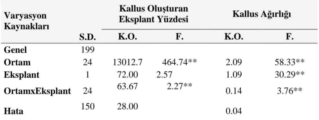 Çizelge  4.4.  Farklı  2,4-D  ve  KIN  dozlarının  A.  schizopterus  yaprak  ve  yaprak  sapı  eksplantlarında  kallus  oluşturan  eksplant  yüzdesi  ve  kallus  ağırlığına  etkisine ait varyans analizi 