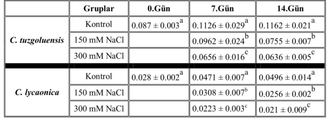 Çizelge 4.3. 7 ve 14 gün süreyle tuz stresine maruz bırakılan C. tuzgoluensis ve C. lycaonica’nın kök yaş  ağırlıklarında (g) gözlenen ortalama değişimler (n=10)