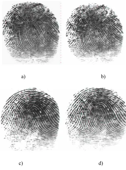 Şekil 2.2 Digital Biometrics (2004) şirketine ait optik tarayıcı kullanarak elde edilen  iki ikiz kız kardeşe ait parmakizi görüntüleri; a) ve b) ikizlerden birinin aynı  parmağına ait iki farklı parmakizi görüntüsü, c) ve d) diğer ikiz kardeşin  aynı parm