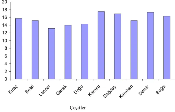 Şekil 4.4. Denemeye Alınan Çeşitlerin Başakta Başakçık Sayısına Ait Değerler