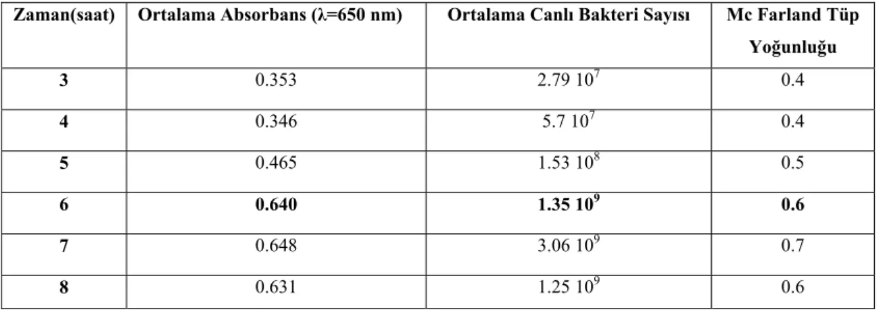 Çizelge 4.1.2. Salmonella typhimurium TA 100 ‘ün zamana bağlı absorbans değerleri ve üreme  yoğunluğu
