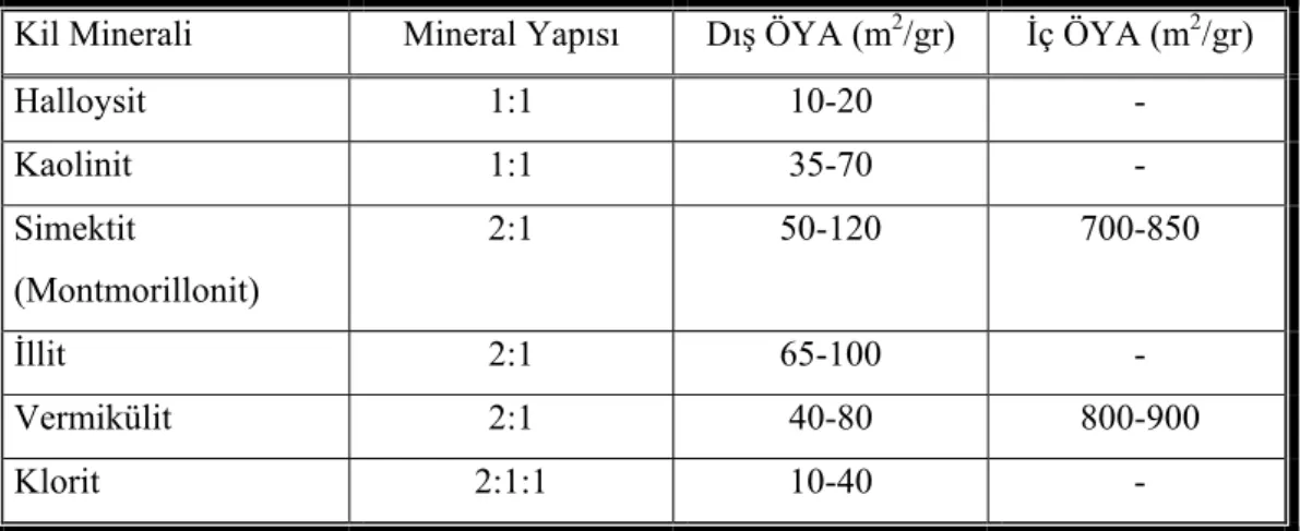 Çizelge 3.2. İnce taneli zeminlerin başlıca kil minerali bileşenlerinin spesifik          yüzey alanları (Mitchell 1993) 