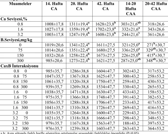 Çizelge 4.1. Deneme Rasyonlarının Canlı Ağırlık (CA) ve Canlı Ağırlık Artışına (CAA)  Etkisi, g/piliç/tavuk  Muameleler  14