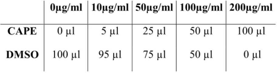 Çizelge 2. 5. 25ml Besiyeri içine eklenen CAPE ve DMSO miktarları. 