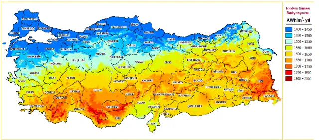 ġekil  3.6‟da  Türkiye‟nin  GüneĢ  Enerjisi  Potansiyel  Atlası  (GEPA)  verilmiĢtir. 