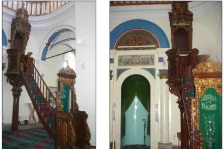 Figure  8.  Two  views  of  the  mimber  in  Çınarlı  Mosque  constructed  by  transforming  an  ambon  and  a  bishop’s chair (İnce Güney, 2007)  