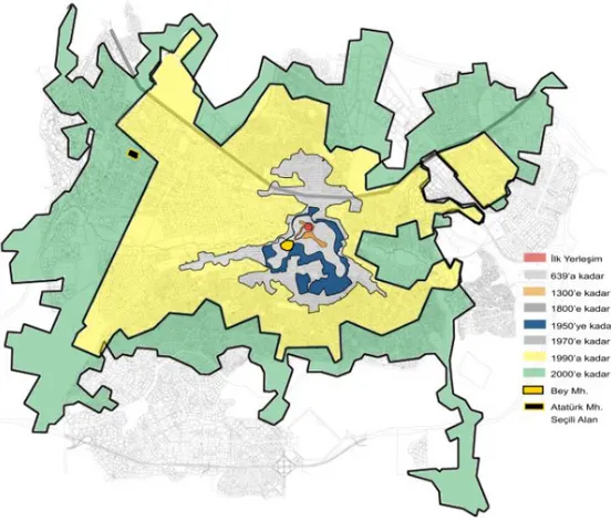 Şekil 3. 2 Kentin tarihsel gelişimi, Bey ve Atatürk mahallelerinin kent içindeki konumu 