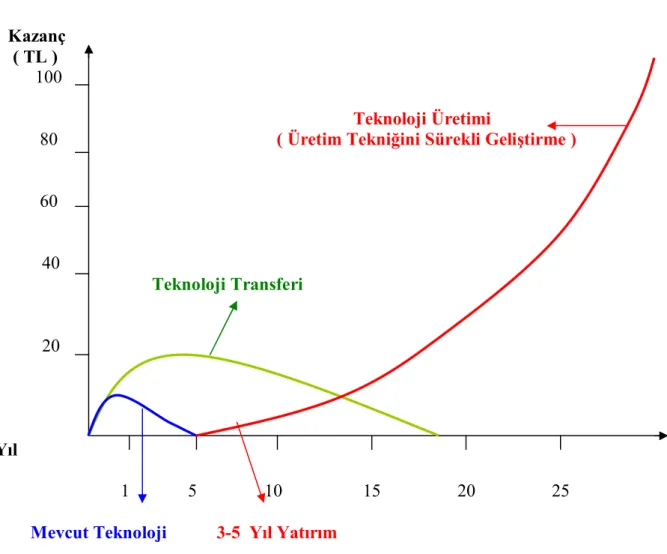 Şekil 1.2. Kullanılan Teknolojilerle Kazanç / Yıl İlişkisi   Kaynak: Yetiş, 2006:4 