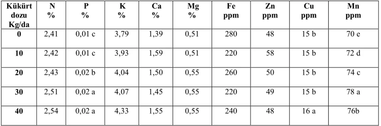 Çizelge  4.8.  Farklı  Dozlarda  Kükürt  Uygulamalarının  Mısır  Bitkisinin  Toprak  üstü  aksamın  Makro  ve  mikro Element Kapsamına Etkisi(%)  