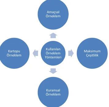 Şekil  2.1’de  görüldüğü  üzere  örneklemin  belirlenmesi  sürecinde  amaçlı  örneklem,  maksimum  çeşitlilik  örneklem,  kartopu  örneklem  ve  kuramsal  örneklem  çeşitlerinden yararlanılmıştır