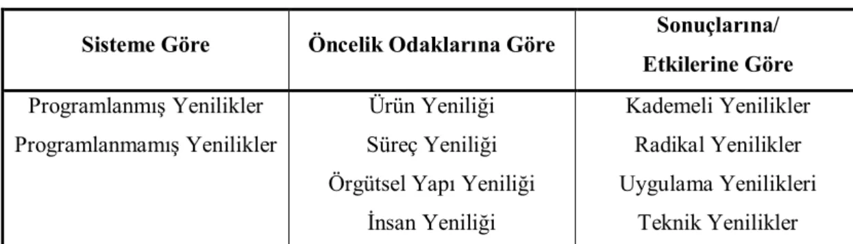 Tablo 3: Yenilik Çeşitleri 1 