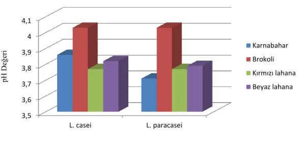 ġekil 4.2.L.casei veL. paracasei ile fermente edilen sebze sularının  depolanması süresince pH  değerlerindeki değişim 3,53,63,73,83,944,1L