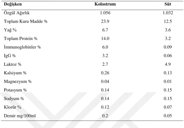 Çizelge 1.1 Kolostrum ve Süt Bileşenleri (Tekinşen ve Nizamlıoğlu 2001). 