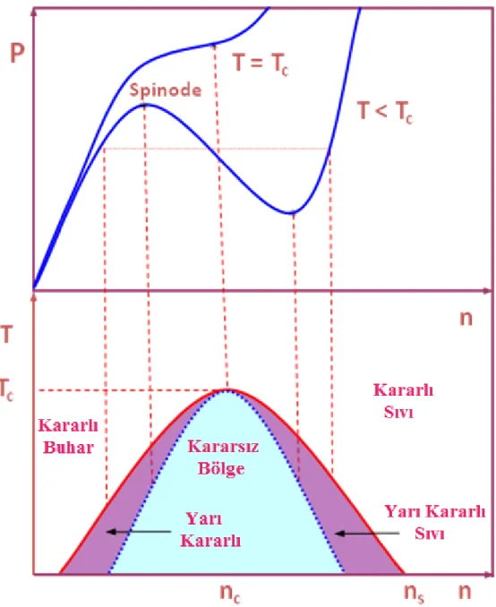 Şekil 2.1. Van der Waals sıvısı için basınç ve sıcaklığın yoğunlukla değişimini gösteren şematik  faz diyagramı 