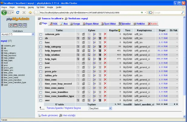 Şekil 6.3 : PhpMyAdmin yönetim paneli 