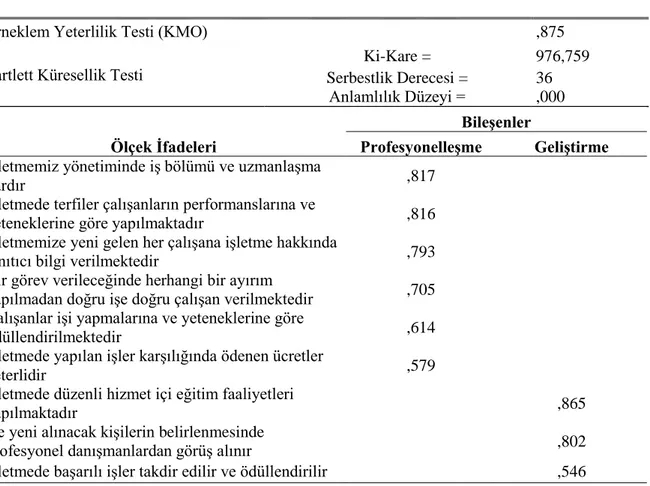 Tablo 4.5. Profesyonelleşme Boyutu Açıklayıcı Faktör Analizi 