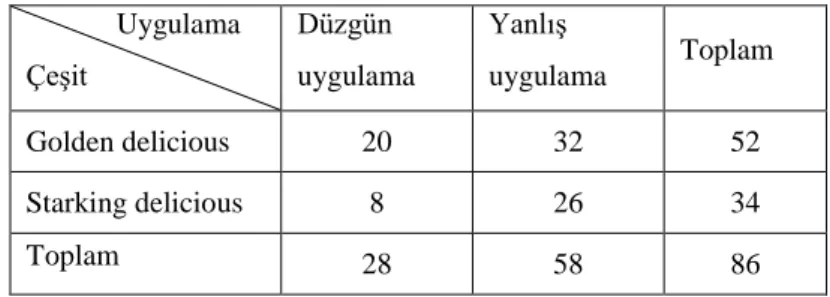 Çizelge 4.4. Hasattan 2 ay sonra (Aralık ayında) funguslarla enfekteli meyve sayıları (adet)              Uygulama  Çeşit  Düzgün  uygulama  Yanlış  uygulama  Toplam  Golden delicious  20  32  52  Starking delicious  8  26  34  Toplam  28  58  86 