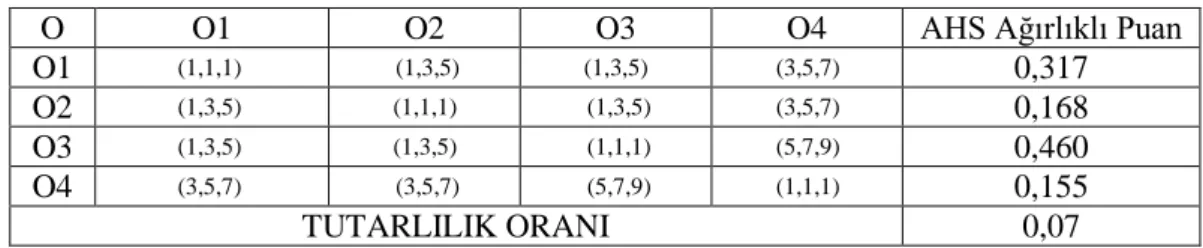 Çizelge  4.16’da  Ortaklık  bilgisi  kriteri,  bir  kamu  bankasından  alınan  veriler  ışığında  4  farklı  alt  kriter  kullanılarak  bulanık  mantık  çerçevesinde  değerler  almış  ve  AHS  ağırlıklı  puanları  elde  edilmiştir