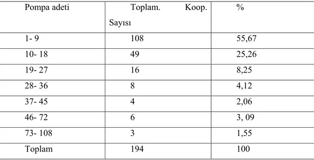 Tablo 4.4: Pompa adetine göre kooperatif sayısı( Çiftçi ve ark. 2008, Anonymous,  2006c) 