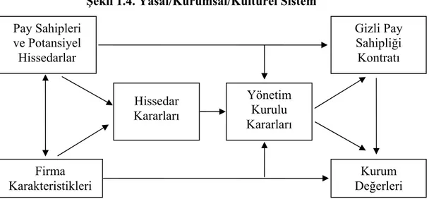 Şekil 1.4. Yasal/Kurumsal/Kültürel Sistem  Pay Sahipleri  ve Potansiyel  Hissedarlar  Gizli Pay SahipliKontratği ı  Firma  Karakteristikleri  KuruDeğ m  erleri Hissedar Kararları Yönetim Kurulu Kararları 