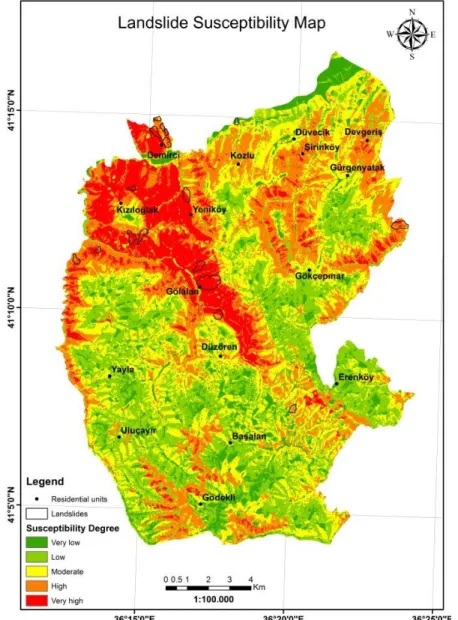 Figure 3. Landslide susceptibility map produced by bayesian probability model   Frequency Ratio Model 