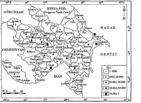 Şekil  2.  Zorunlu iç ve  dış  göço tabi olan toplam Azerbaycan Türklerinin ülke içindeki  coğrafi dağılışı  (ADGHK•  haritalarından  ve  ADİK  verilerinden  yararlanılarak