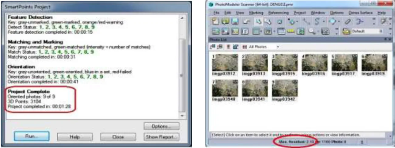 Figure 16. automatically adjustment of 9 photos                    Figure 17. Adjusted photos at Photomodeler software     in Photomodeler software   
