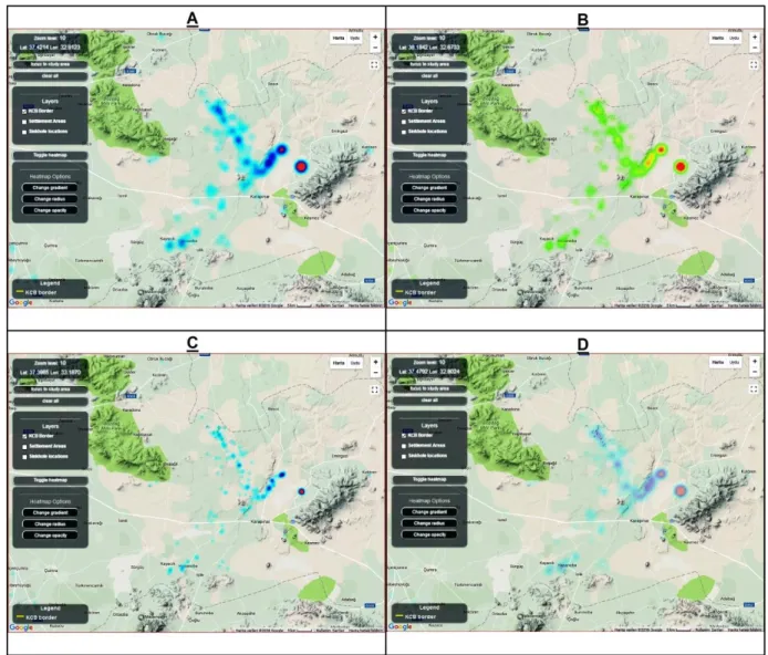 Figure 5. A: Heatmap display of sinkholes;  B: Effect  of the change gradient for heatmap;  