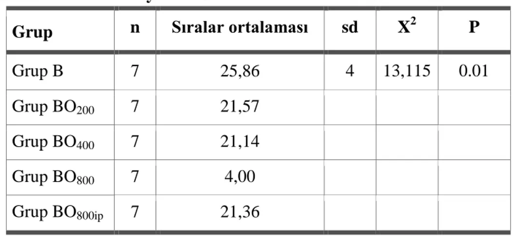 Tablo  3.8  incelendiğinde  farklı  deneysel  uygulamalara  göre  yapılan  anestezi  işlemlerinin  deneklerin  derin  duyularının  geri  dönme  süreleri  üzerinde  anlamlı  bir  farklılaşmaya  neden  olduğu  görülmektedir  [X 2 (4) =13,115  ve  p&lt;0.01  