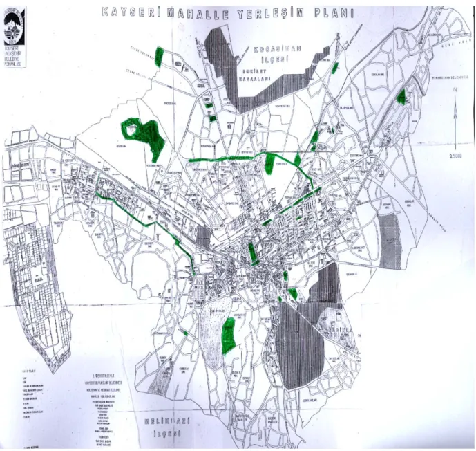 Şekil 1. Kayseri kent planı ve kentsel yeşil alanlar (Kayseri Büyükşehir Belediyesi, 2003a)