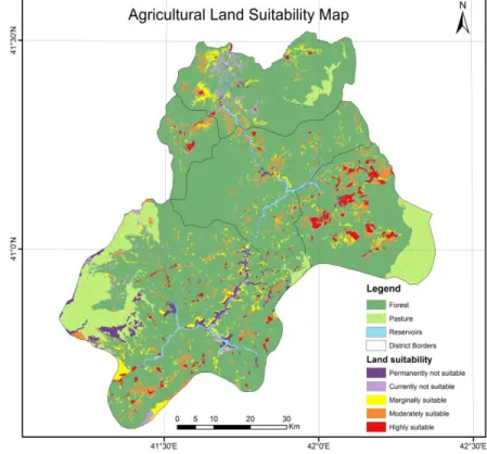 Figure 3. Suitability map obtained after removing pasture, forest lands and reservoirs   RESULT AND DISCUSSION 