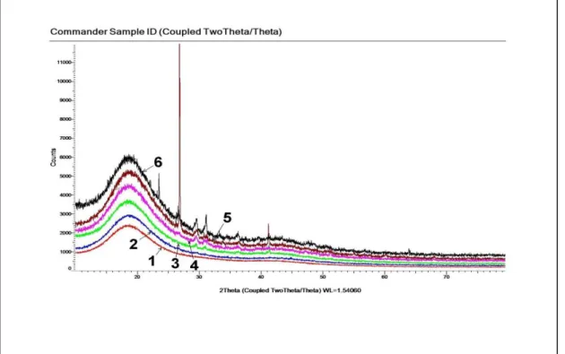 Şekil 4.4. Saf NPEF (1) ve kompozitlerinin X-ışını kırınım grafiği:  2) % 10 LA; 3) ) % 20 LA; 