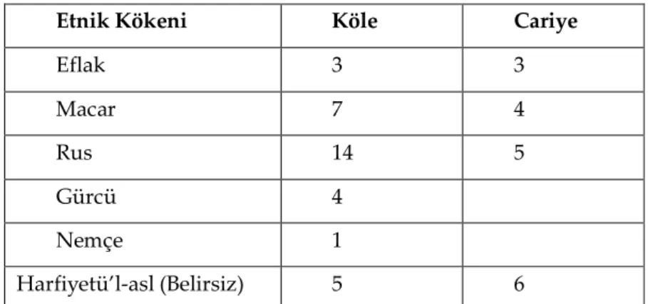 Tablo 1. Köle ve Cariyelerin Etnik Kökenleri ve Sayıları 